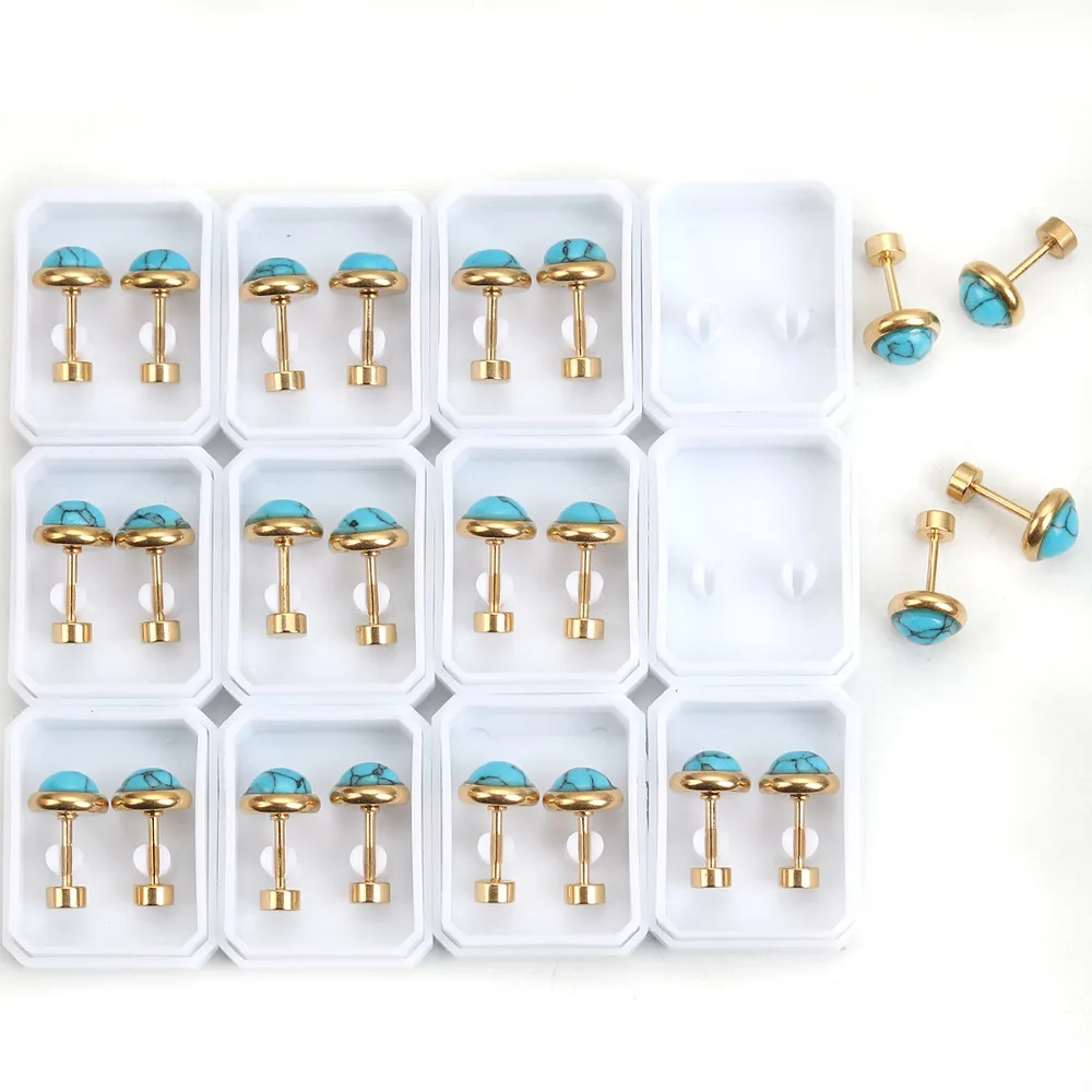 

8Seasons 316 Stainless Steel Ear Post Stud Earrings Gold Color Blue Round Screwed Off 8mm( 3/8") Dia., 1 Set ( 12 Pairs/Set)