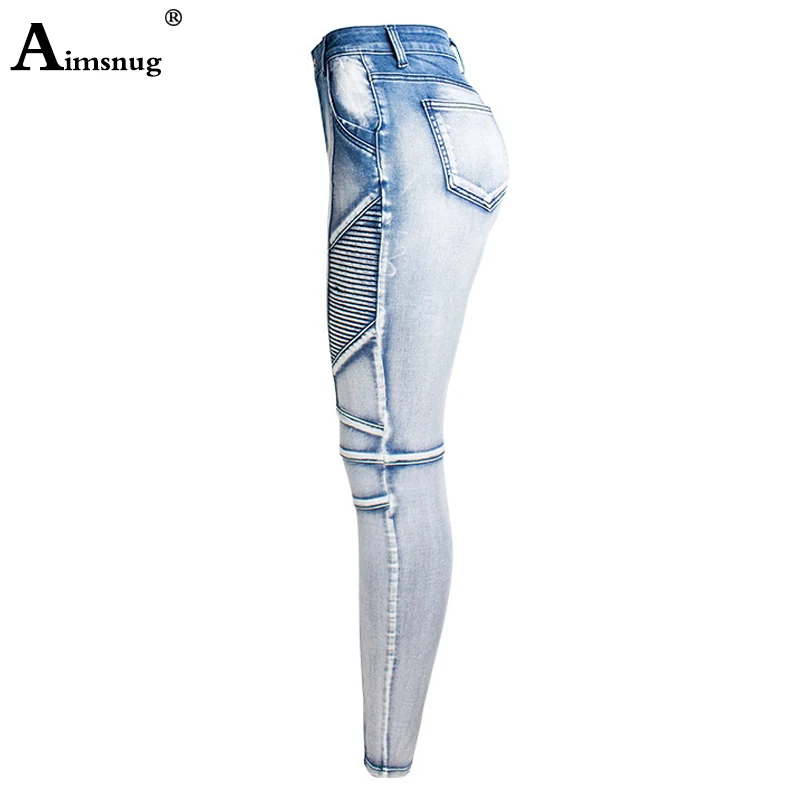 Светло голубой Slim Fit Для женщин байкер цикла на Высокая Талия приталенные