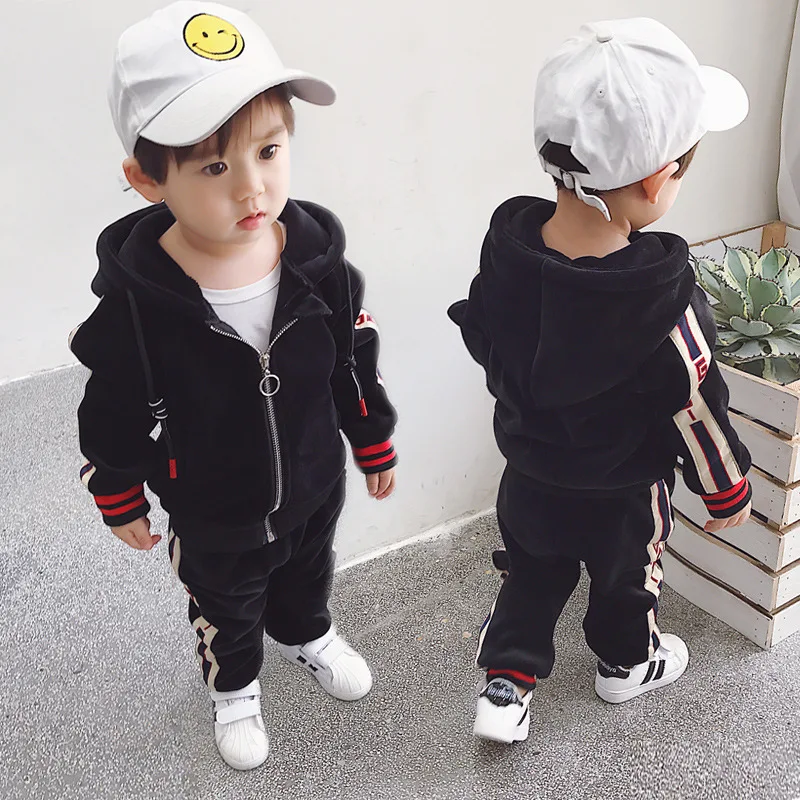 

Boys 2-8 Years Autumn Casual Sports Zipper Cardigan 2 PCS Set (Hoodie+ Long Pant) Fashion Striped Thicken Fleece Hoodies Suits