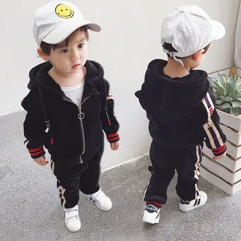 

Boys 2-8 Years Autumn Casual Sports Zipper Cardigan 2 PCS Set (Hoodie+ Long Pant) Fashion Striped Thicken Fleece Hoodies Suits