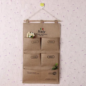 

5 Pocket Door Wall Hanging Organizer Zakka Style Bag Linen Cotton Sundries Folding Storage Bag Kitchen Bathroom Hanging Bag