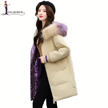 

Winter Women Feather Down Jacket Medium Long Large Fur Collar Hooded Overcoat 2018 New Fashion Warm White Duck Down Coat TTT025
