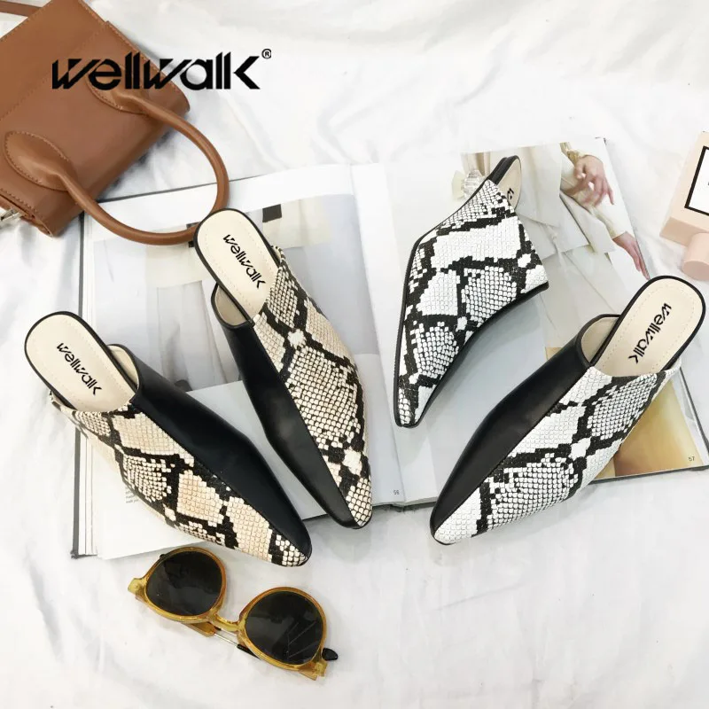 Wellwalk Clear Heel Slippers Women Pointed Toe Shoes Women Slides Fashion Mules Ladies Heel 