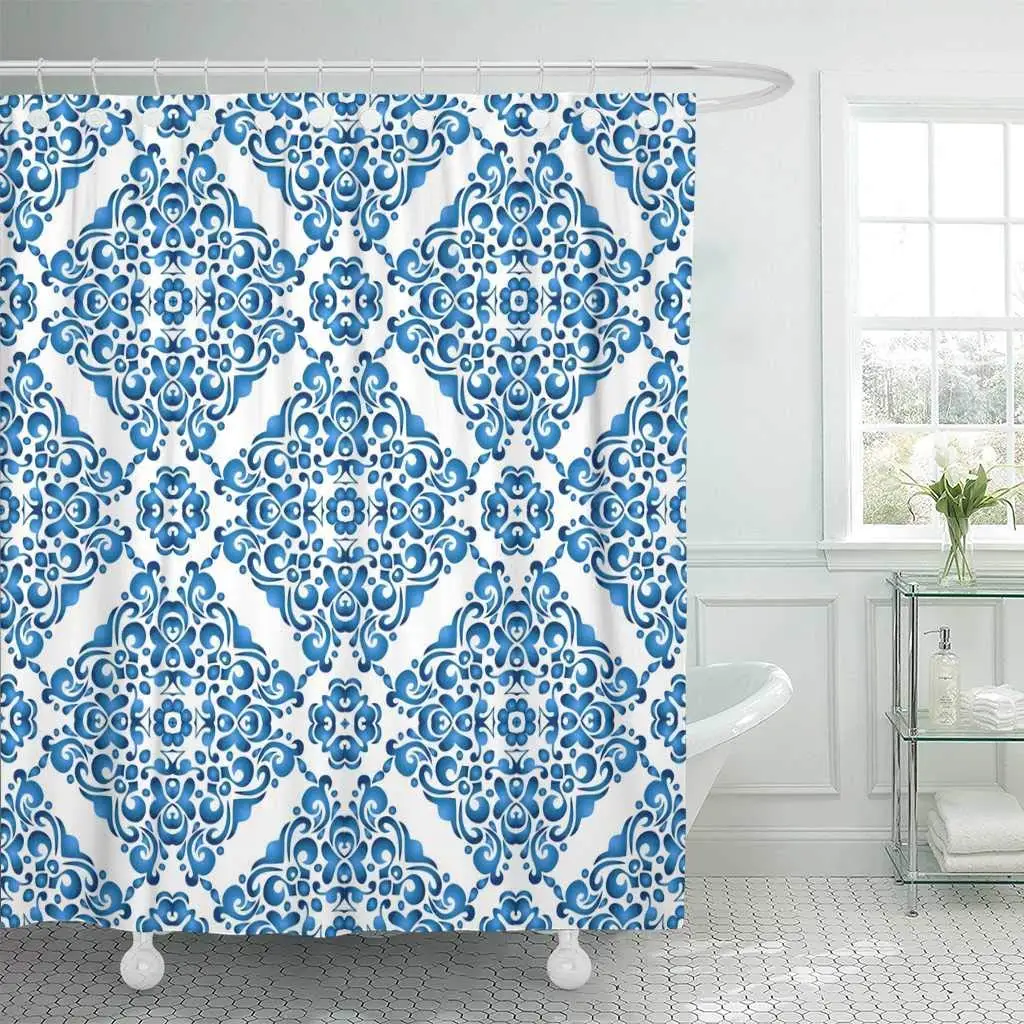 

Shower Curtain with Hooks Blue Baroque Abstract Ornamental Pattern Watercolor Ikat Arabesque Carpet Color Damask Bathroom Decor