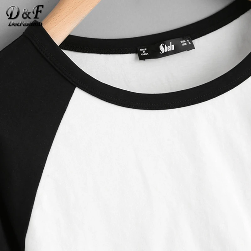 Dotfashion, двухцветная укороченная футболка с рукавом реглан,, черно-белый топ с круглым вырезом, осенняя простая футболка с длинным рукавом