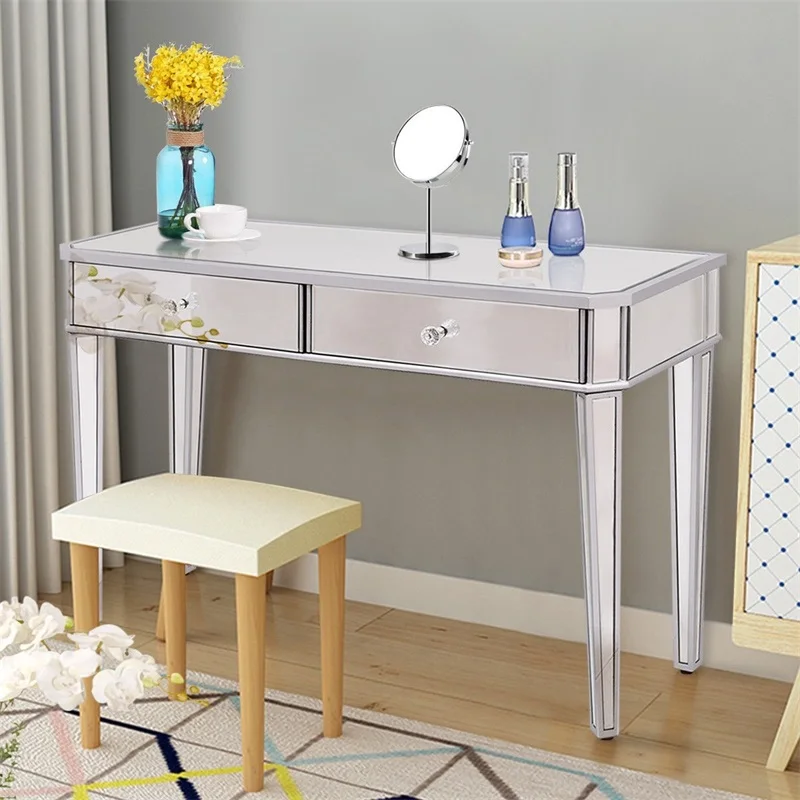 2 Drawers Mirrored Vanity Make Up Desk Console Durable Solid Mdf