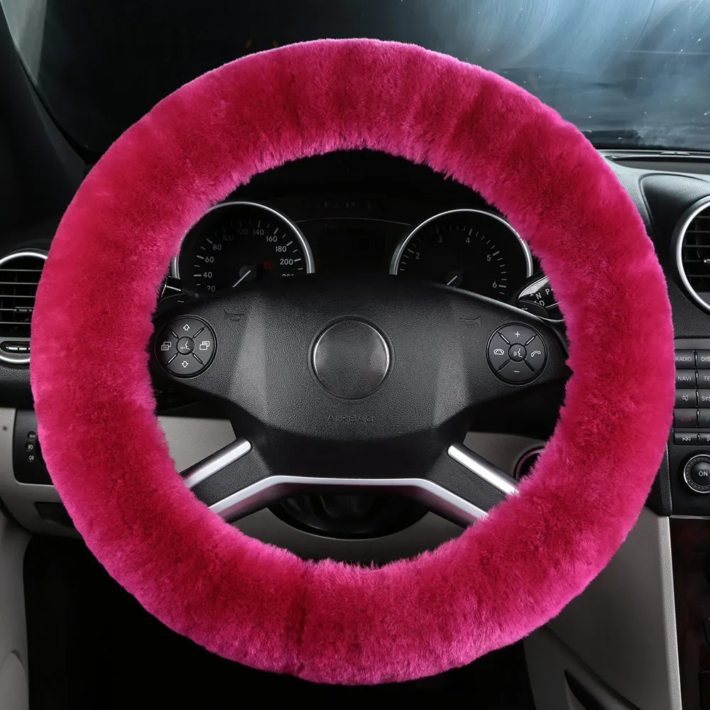 OGLAND аутентичная овчина автомобильный Стайлинг рулевое колесо Чехлы для австралийская мериносовая шерсть натуральный мех кожа универсальные автомобильные запчасти - Название цвета: Rose Red