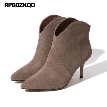 

Slip On Brand Women Winter Boots Genuine Leather Stiletto Autumn Ankle Suede Shoes 2018 Fur Handmade Pointed Toe High Heel Fall