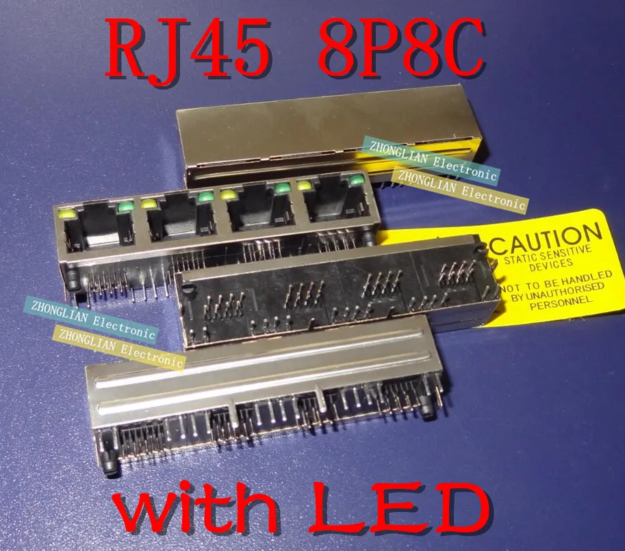 

5PCS/Lot RJ45 8P8C 4 Ports Steel Shield Network Female Jack/Socket Connector 1*4P 90 Degree with LED