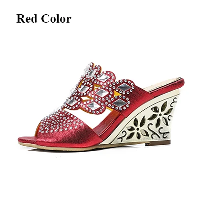 Red Wedge Heel Г. Модные босоножки на высоком каблуке со стразами в европейском и американском стиле женские летние туфли на танкетке, большие размеры 11 - Цвет: Red Wedge Heel