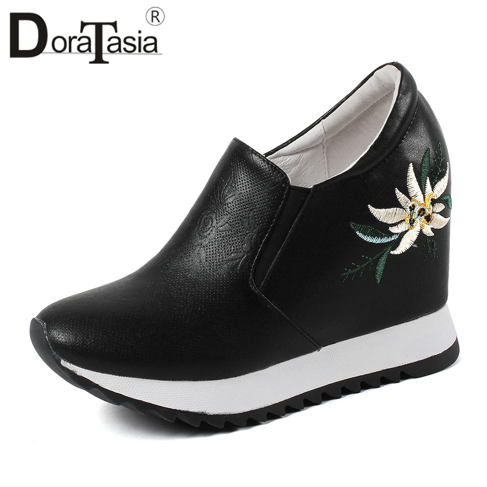 

DORATASIA 2018 Autumn Elegant Embroider Sneakers Women New Platform Loafers Genuine Leather Shoes Woman Height Increasing 32-40