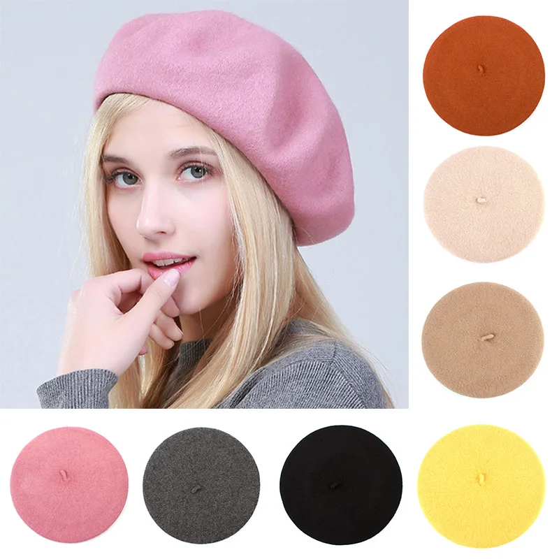 

Women's Beret Hat Fashion Solid Warm Wool Berets for Women Candy Color Cashmere French Artist Beanie Beret Hats for Girls GS102C