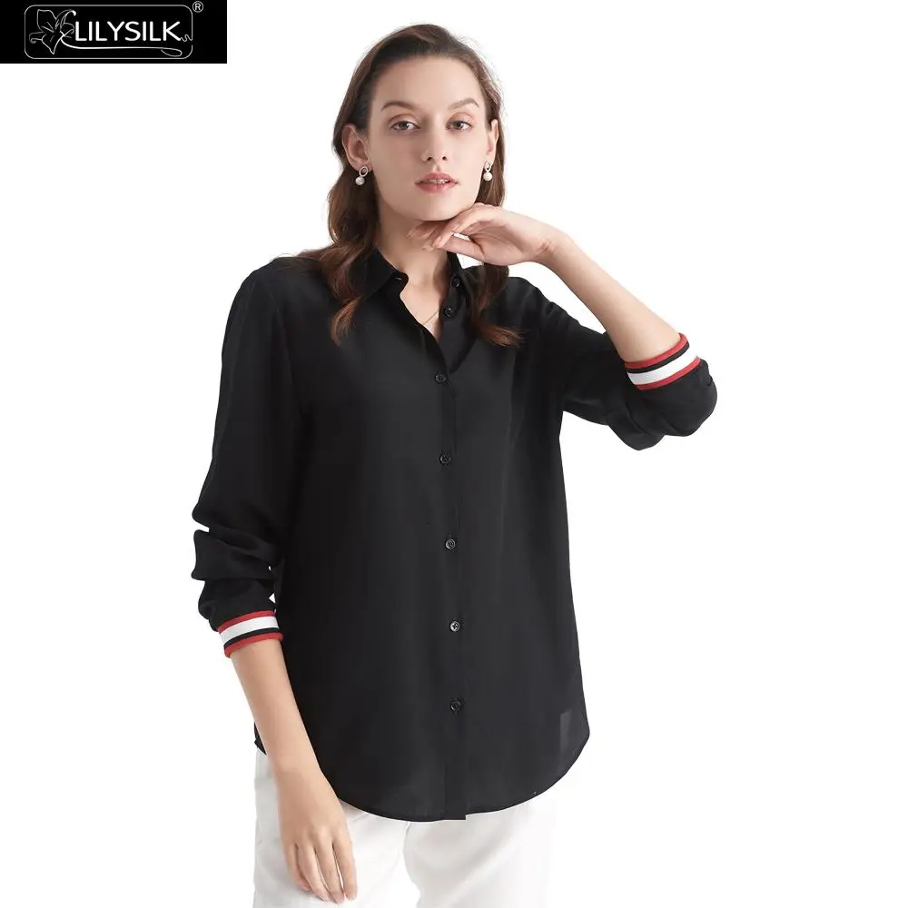 

LilySilk Top Silk Casual Rib Cuffing Women New Free Shipping