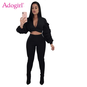 

Adogirl Scuba Puff Sleeve Women Two Piece Set Stand Collar Zipper Crop Jacket Top + Skinny Pants Female Tracksuit Fashion Suits