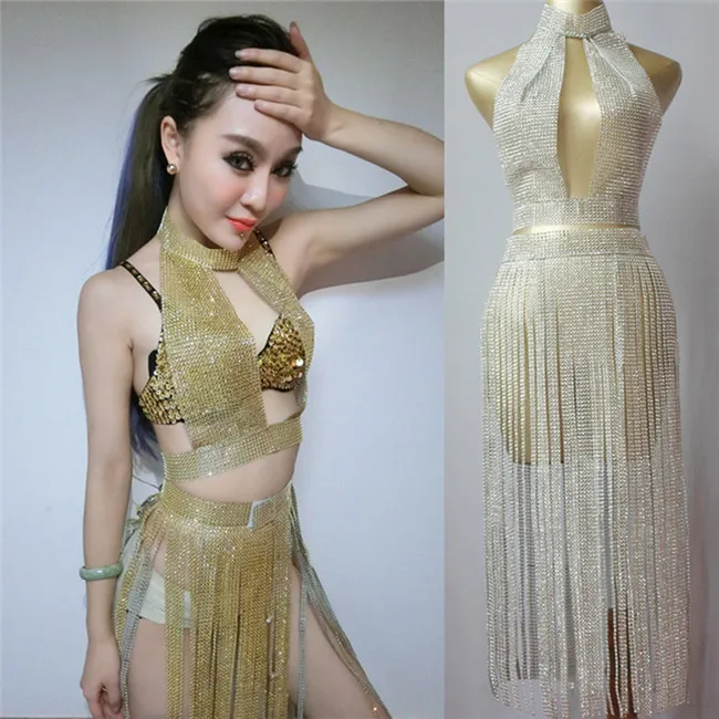 Sparkly Gold Tassel Bodysuit Rhinestones Outfit Glisten Beads Costume One-piece Dance Wear Singer Stage Leotard Headdress