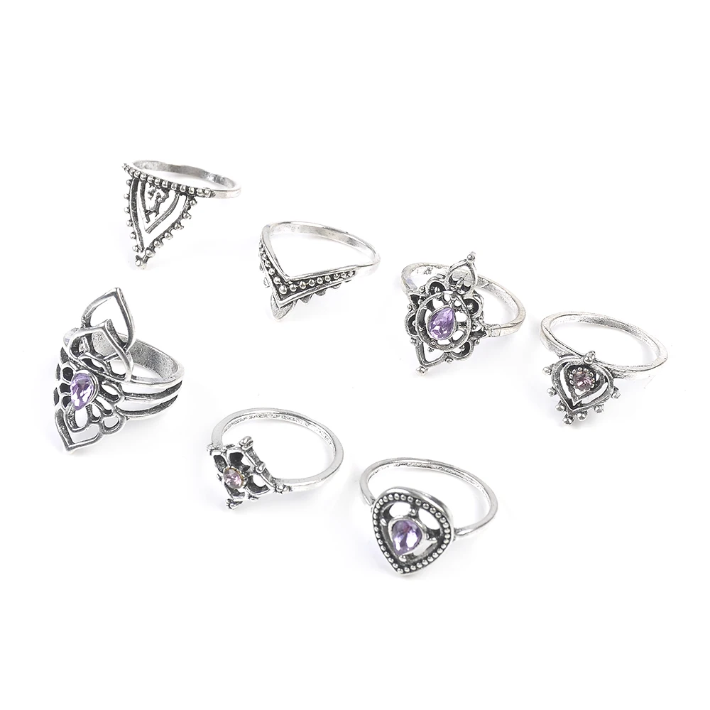 

7Pcs/Set Bohemia Vintage Silver purple Crystal Rhinestone Carved drop set ring Midi Above Knuckle Ring Jewelry