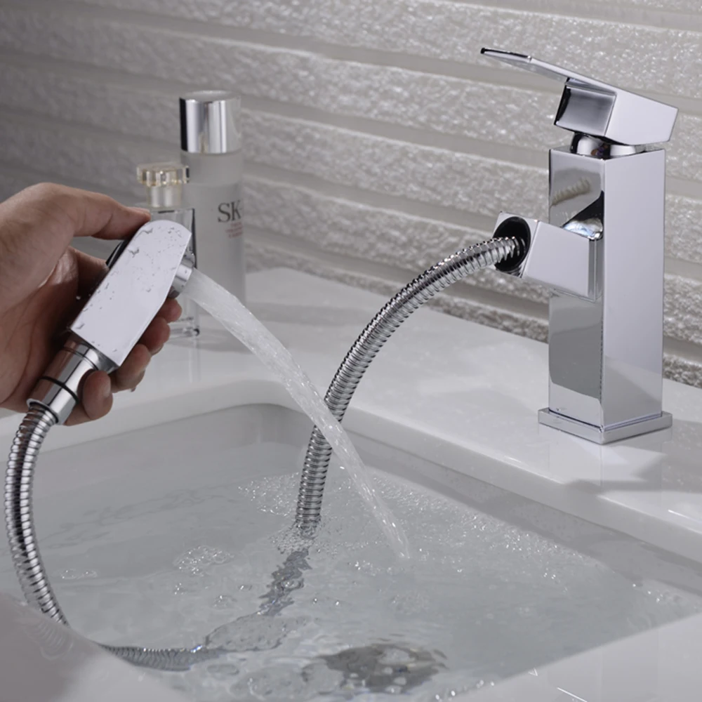 

Bathroom Basin Faucet Water Tap Pull Out Spray Nozzle Solid Brass Single Handle Hot Cold Water Tap Mixer
