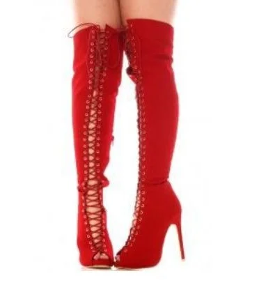 

Elegant Red Thigh High Boots Peep Toe Lace-up Gladiator Sandals Boots Womens Denim Leather Over The Knee Boots Cut-outs Shoes