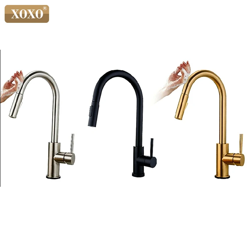  XOXO Touch Kitchen faucet Pull Out Cold and Hot mixer tap Black Gold water Single Holder faucet kit - 33047982689