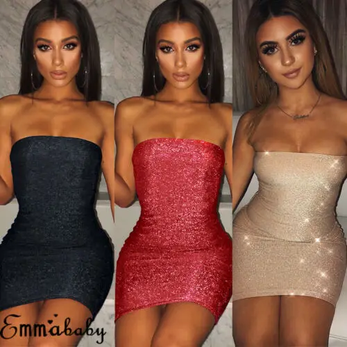 

Women Sequin Glitter Mini Dress Sparkly Bodycon Evening Party Strapless Dress