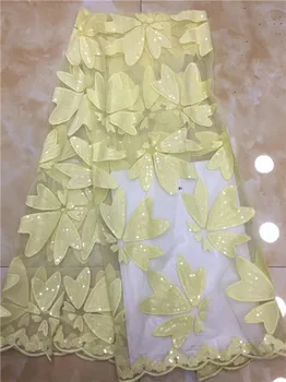 

2019 High Quality African Lace Fabric Yellow French Net Embroidery Sequins Tulle Lace Fabric For Nigerian party Dress X01