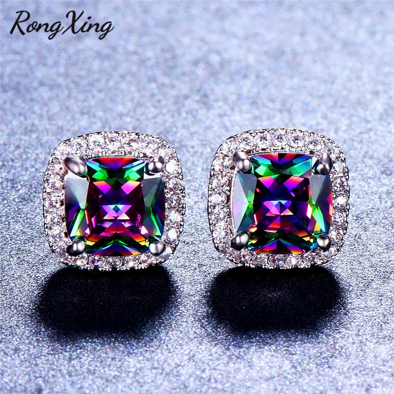 

RongXing Mystic Rainbow Fire Birthstone Square Stud Earrings For Women 925 Sterling Silver Filled AAA Zircon Earrings Ear0663