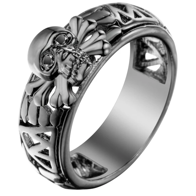 Vintage Black Zircon Stone Evil Skull Rings Men Gun Color Punk Vintage Black Zircon Stone Evil Skull Rings Men Gun Color Punk Cz Pave Pirate Design