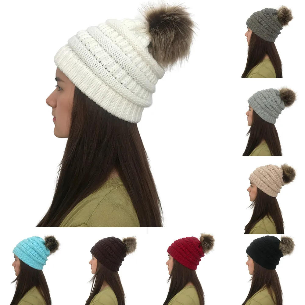 Women Autumn Winter Outdoor Warm Fur Ball Hats Crochet Knit Holey
