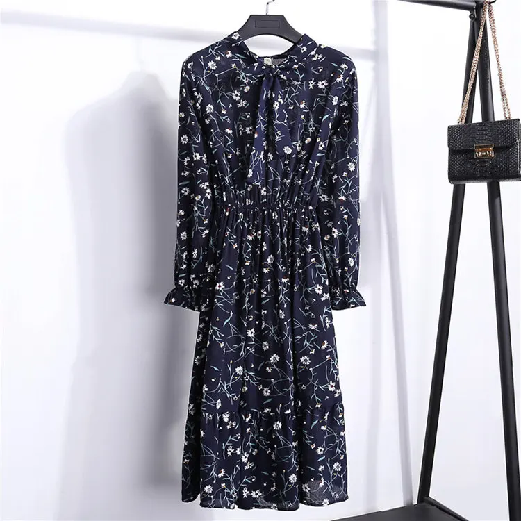 24 Types Floral Print Dresses Women Autumn Chiffon Dress Casual Bowknot O-Neck Long Sleeve Vestidos Mujer Retro Robe Femme Dress (35)