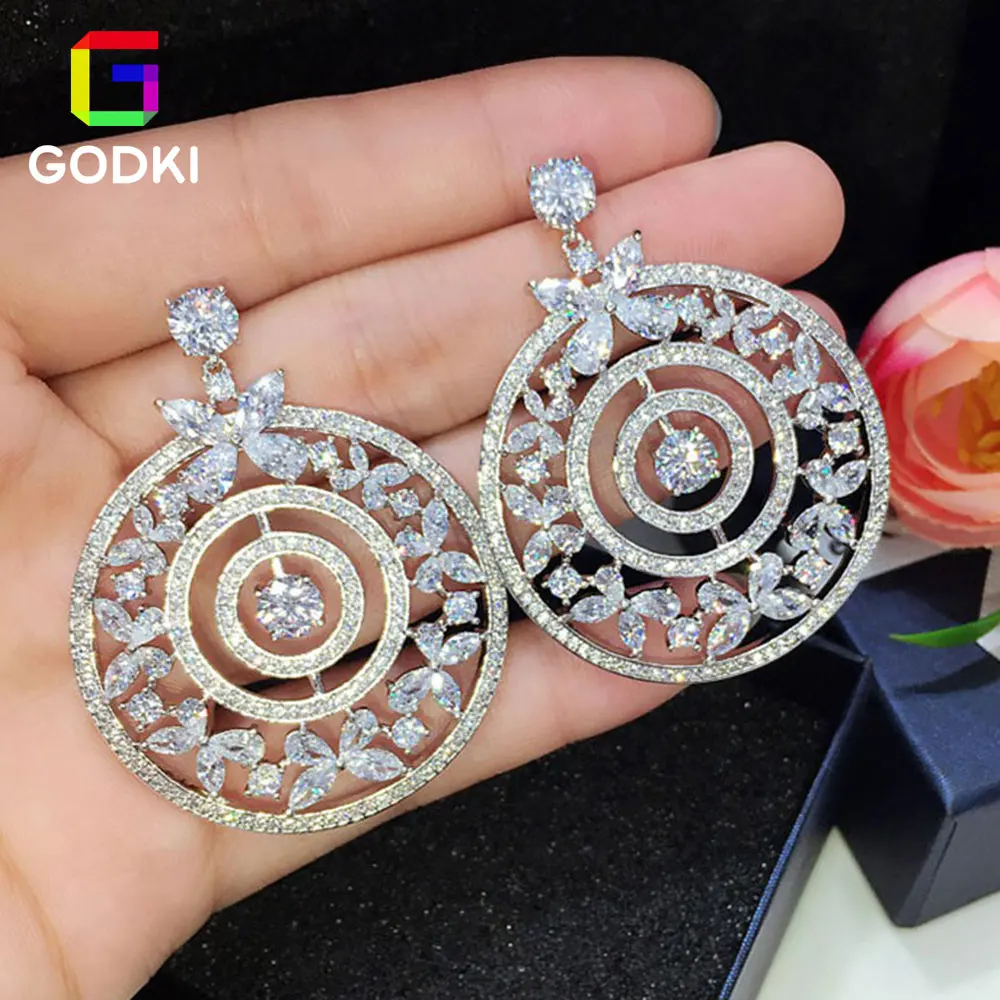 

GODKI Hollow Leaf Flower Climbers Round Circle Cubic Zircon Women Engagement Earrings Jewelry Party Gift