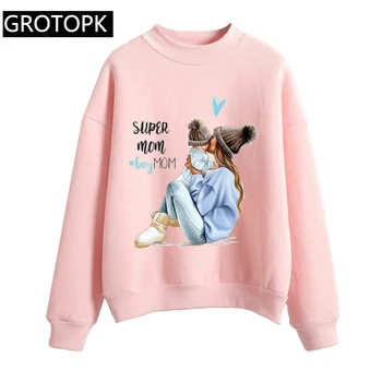 

Hoodies Kawaii Super Mama Print Sweatshirt Long Sleeve Hoodies Women Clothes 2019 Fleece Pink Hoodie Harajuku Ladies Moletom