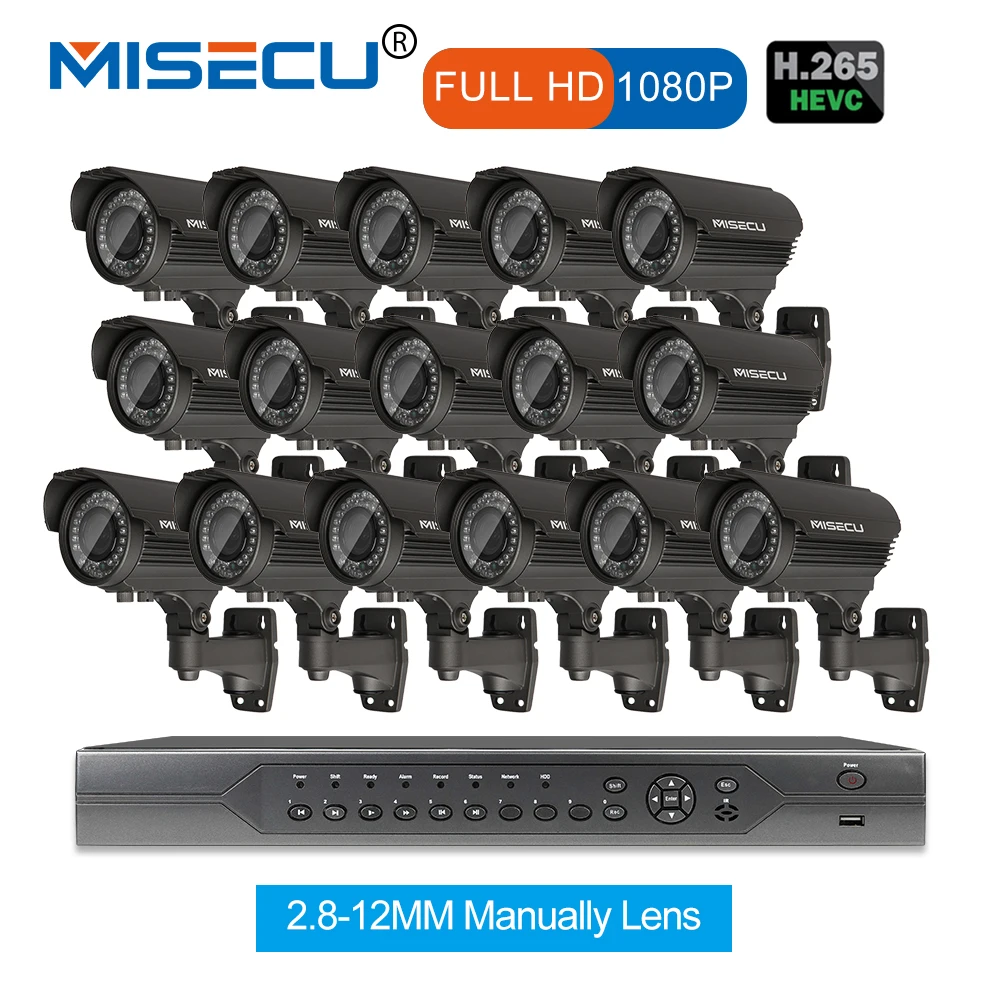 

MISECU H.265 16CH POE KIT 1080P NVR Real POE 48V 2MP 16pcs POE 2.8-12mm Zoom Camera module Night Waterproof P2P IP cctv system