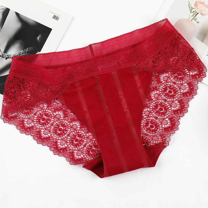

Plus Size Women's Luxury Panties Breathable Lace Sexy Panty Briefs Mid Waist Underwear Seamless Ice Silk Hollow Out Lingerie