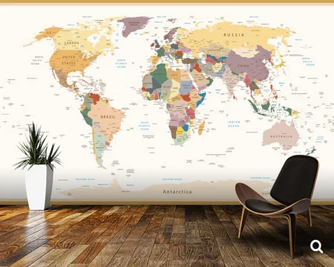 Papel de Parede Mapa do Mundo Político do Vintage Murais para Sala de Estar das Crianças Personalizado Crianças Cores Desenhos Animados Vinil 3d