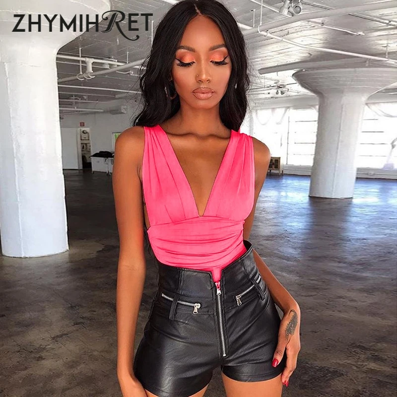 ZHYMIHRET 2018 الخريف النيون اللون Ruched ارتداءها المرأة مثير ديب V الرقبة عارية الذراعين بذلة النساء نحيل مضان السروال القصير