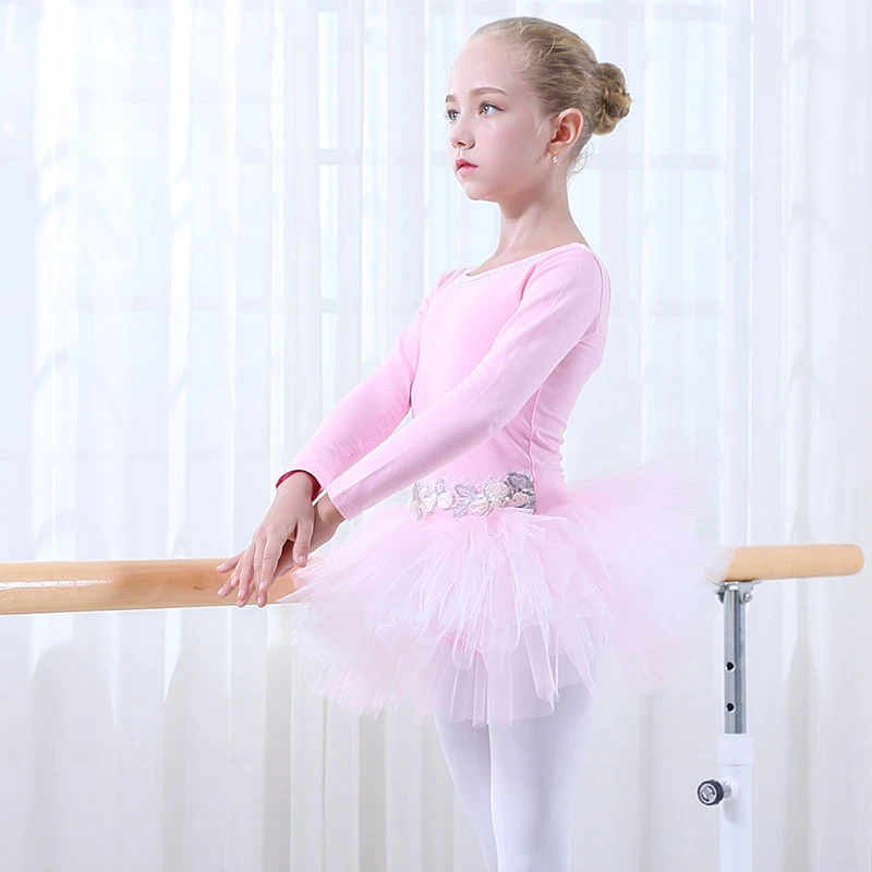 Cotton Pink Ballet Skirt Children Professional Long Sleeve Dance Tutu Toddler Leotards Stage