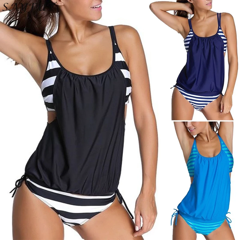 

Sexy Women's Stripes Lined Up Double Up Tankini Bikini Swimwear Swimsuit Two Piece Bikini Set Brazilian Maillot De Bain