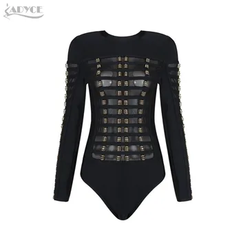 

Adyce 2020 Women Summer Bandage Bodysuit Black White Luxury Gold Beading O-neck Full Sleeve Tight Back Zipper Celebrity Bodysuit