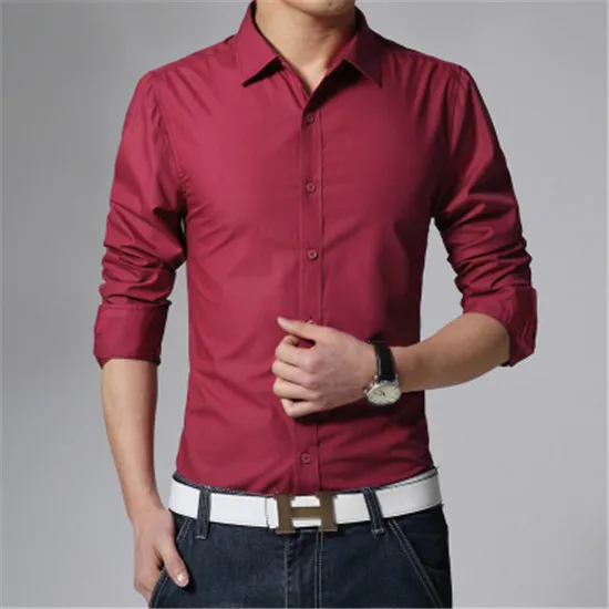 Весенняя мужская одежда с длинным рукавом, однотонная деловая рубашка/мужские модные тонкие повседневные хлопковые рубашки Camisa Camisas Masculina 2 - Цвет: wine red