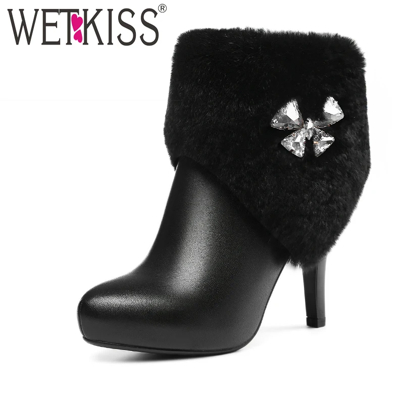 

WETKISS Designers Crystal Luxury Fur Ankle Boots Genuine Leather Female Shoes Woman Charming Thin High Heels Winter Boots Zip