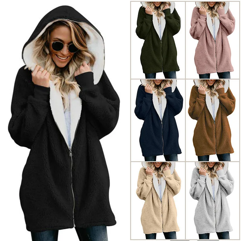 

Autumn and winter women's hooded zipper fur coat casual plush cardigan XL S-5XL fashion long paragraph Female Sweaters