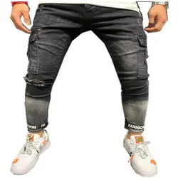 Обтягивающие джинсы для мужчин 2019 весенние хлопковые Прямые рваные Брюки с карманами рваные черные джинсы мужские повседневные джинсовые