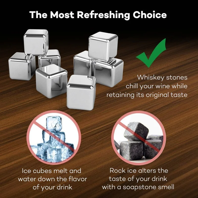 LMETJMA 8pcs/set Stainless Steel Reusable Ice Cubes Chilling Stones with Tongs Whiskey Stones Drink Coolers for Wine KC0152