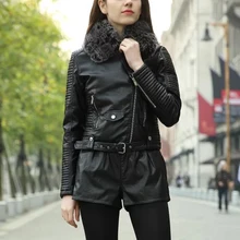Розовая черная женская зимняя Толстая кожаная куртка-бомбер мотоциклетная кожаная куртка s женская брендовая Кожаная Куртка jaqueta couro меховой воротник