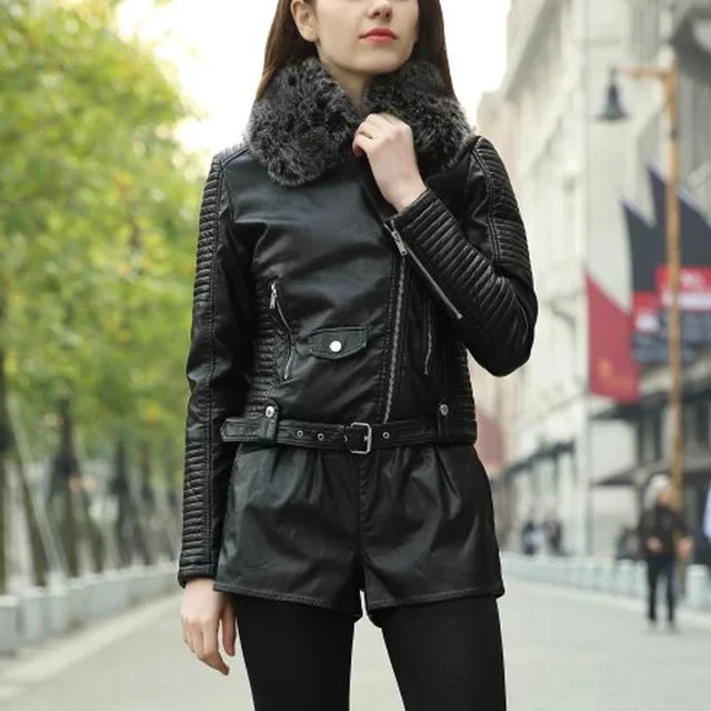 pink black women winter Thick leather jacket bomber motorcycle Leather