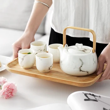 

5pcs/set Tea Mug Ceramic Tea Sets China Kung Fu TeaPot with 4 cups Porcelain with Handgrip Tray flask