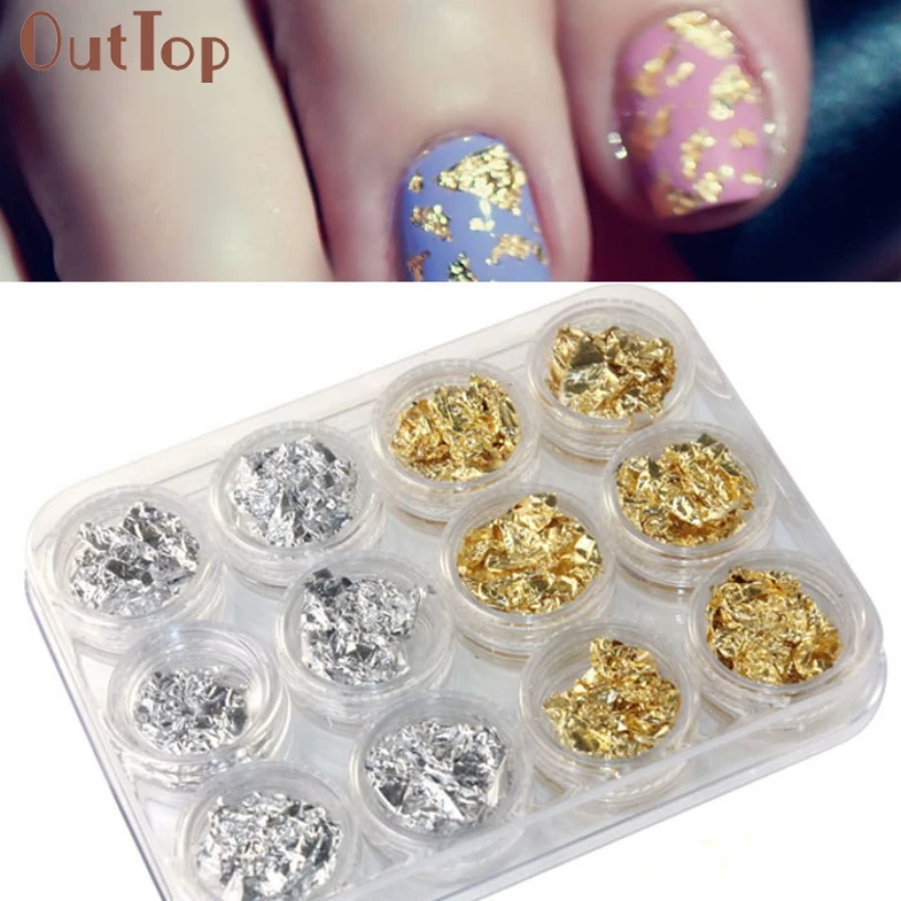 

Pretty 12 PCS Nail Art Gold Silver Paillette Flake Chip Foil DIY Acrylic UV Gel Stickers for Women Lady Beauty 1 set