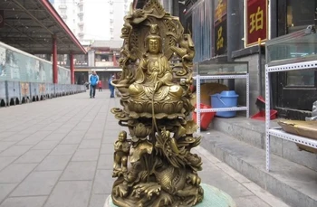 

18"Pure Brass largess Boy Kwan-Yin Bodhisattva lotus flower Play Dragon Statue