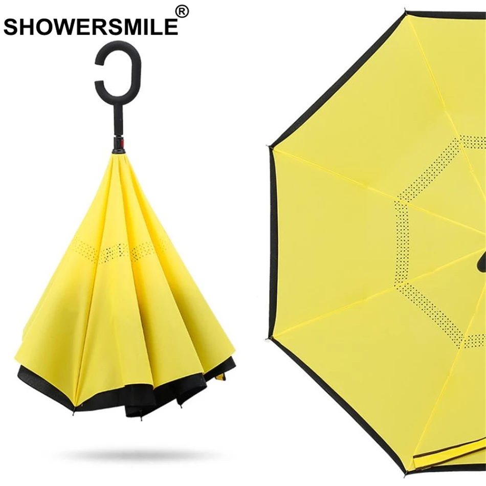 

SHOWERSMILE Folding Reverse Umbrella Solid Yellow Black Inverted Umbrella Windproof Uv Protection Double Layer Inverted Umbrella