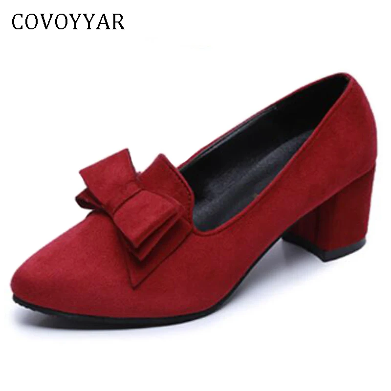 

COVOYYAR 2019 Thick High Heel Women Shoes Bow Slip on Pumps Flock Solid Elegant Pointed Toe Lady Shoes Plus Size 34-41 WHH139